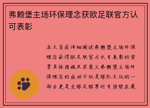 弗赖堡主场环保理念获欧足联官方认可表彰